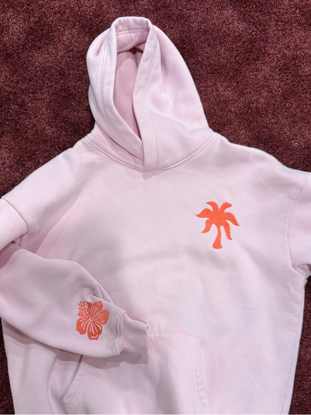 Light Pink Kids Hoodie with Orange Palm & Hibiscus Motifs
